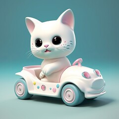 Adorable White Kitten in a Kids Car Toddler Ride-On Vehicle Kawaii Style Generative AI