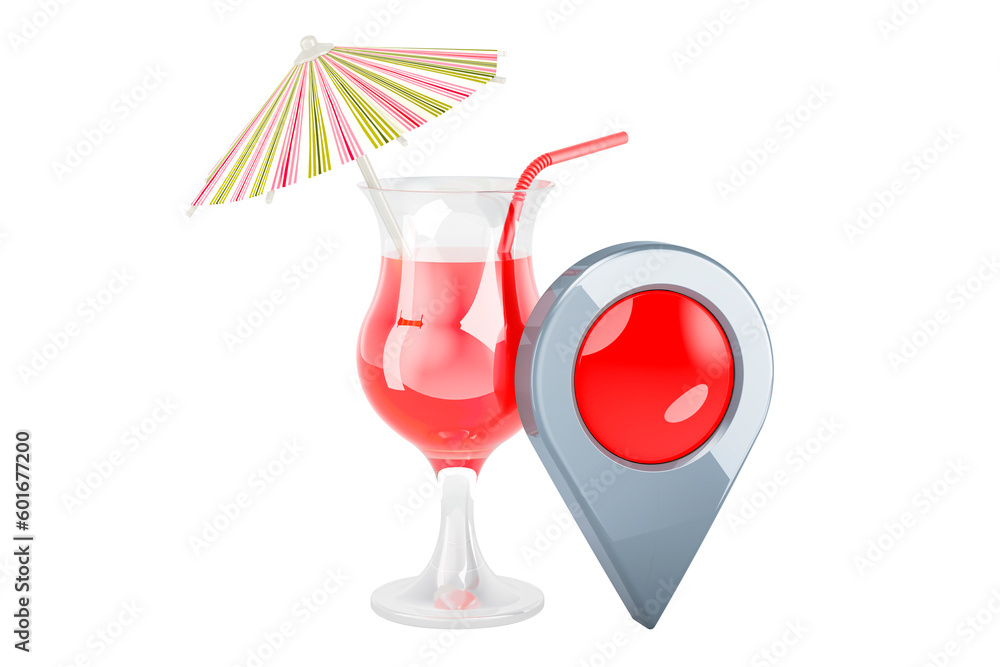 Poster tropical cocktail with map pointer, 3d rendering