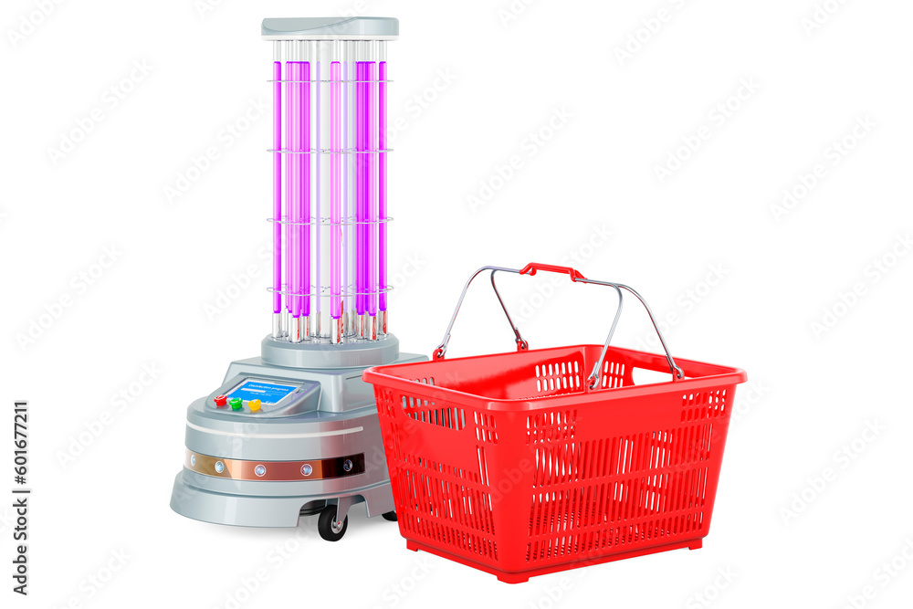 Poster uv-disinfection robot with shopping basket. 3d rendering