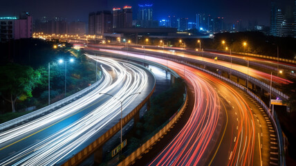 Abstract Motion Blur City, traffic in central district of city at night. Light trails with motion blur effect, long time exposure