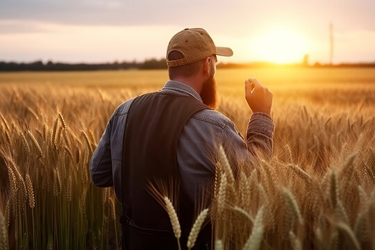 Man farmer walks through a wheat field at sunset, touching green ears of wheat with his hands, inspecting harvest. Agricultural business.