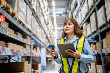 Women worker use scanner to check and scan barcodes of stock inventory on shelves to keep storage in a system, Smart warehouse management system, Supply chain and logistic network technology concept.