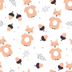 Naklejka premium Cute seamless pattern with squirrel, nuts and trees. Hand drawn background.