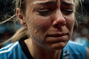 A fictional person. A disappointed player at Women's Soccer World Championship - obrazy, fototapety, plakaty