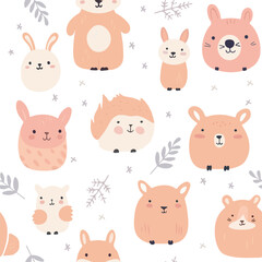 Obraz na płótnie Canvas Childish seamless pattern with hand drawn animals. Trendy scandinavian background. Perfect for kids apparel, fabric, textile, nursery decoration, wrapping paper