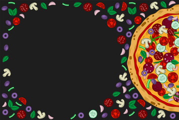 Italian pizza poster. Big round tasty pizza. Conceptual design of a restaurant menu. Vintage engraving stylized line drawing. Vector illustration.