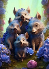 Adorable Cartoon Animated Wild Boar Family Birthday Card Hunting blue flower pedals background Generativ AI