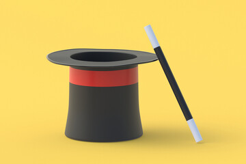 Magic cylinder and stick. Sorcery concept. Magical accessory. Mystery show. Illusion trick. Circus performance. 3d render