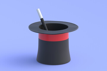 Magic stick in cylinder. Sorcery concept. Magical accessory. Mystery show. Illusion trick. Circus performance. 3d render