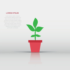 Flower pot vector icon in flat style. Seedling flower illustration on white isolated background. Floral leaf business concept.
