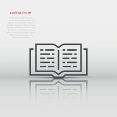 Open book icon in flat style. Text book illustration on white isolated background. Education library business concept.