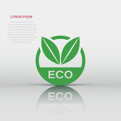 Fototapeta premium Eco label badge vector icon in flat style. Organic product stamp illustration on white isolated background. Eco natural food concept.