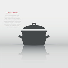 Cooking pan icon in flat style. Kitchen pot illustration on white isolated background. Saucepan equipment business concept.