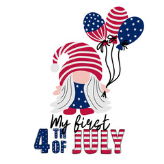 My first fourth of july. Hand drawn american patriotic gnome holding balloons in color of american flag. Happy Independence day. Vector illustration for greeting card, t shirt printing