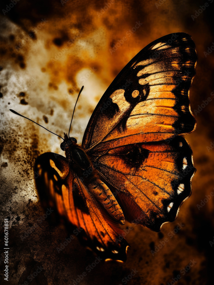 Poster illustration of a color butterfly, abstract color background, generative ai.
