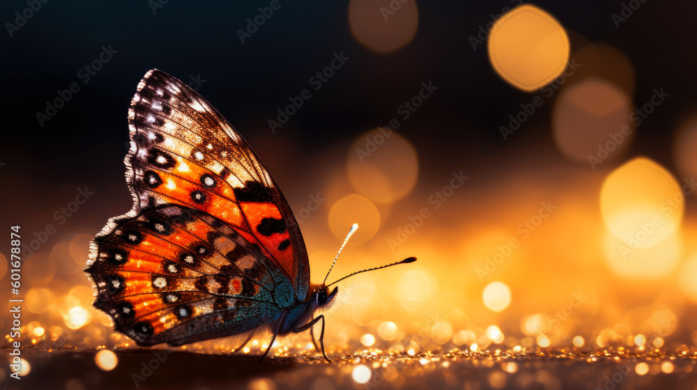Poster illustration of a color butterfly, abstract color background, generative ai.