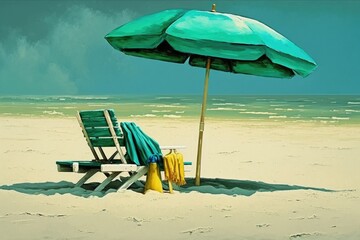 Beach chair and umbrella on the sand. Vintage painting style