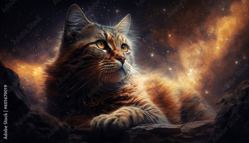 Poster cat in cosmic space. generative ai.