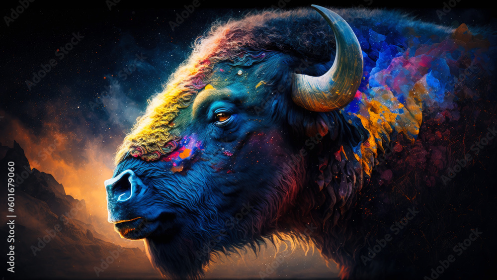 Poster bison in cosmic space. generative ai.
