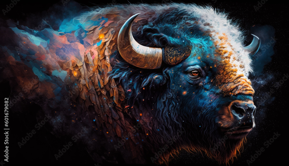 Poster bison in cosmic space. generative ai.