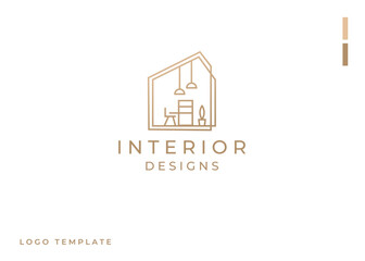 Furniture logo design inspiration. Vector illustration of chair, table, bookcase, cupboard and decorative lamp. Modern Icon Design Vector Template with Line Style