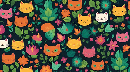 Seamless pattern with funny cats, flowers and leaves, Cat face.  