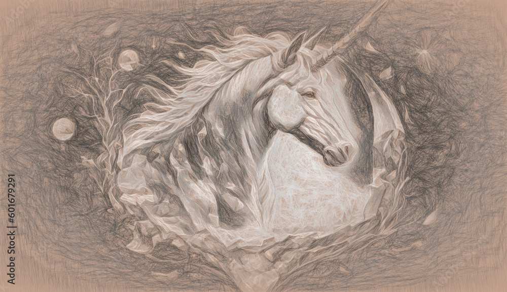 Poster drawing unicorn on white background. generative ai.