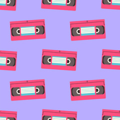 90s seamless pattern with video cassette. Vector background in cartoon 80s 90s pop art comic style.
