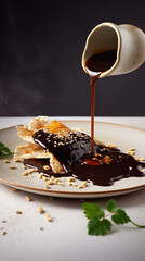 Thick velvety and delicious chocolate mole sauce on dark background, mexican food, generativ ai - obrazy, fototapety, plakaty