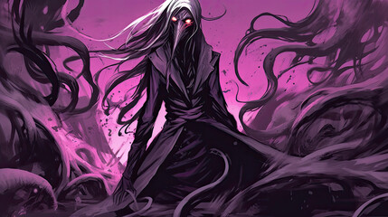 grim dark fantasy, purple dreadful evil sorcerer - by generative ai