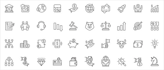 Bank and finance icon set. Business and corporation vector signs. Contain symbol of safe, global market, auction, crowd funding, start up, meeting, stock, bull and bear. Vector stock thin line design.
