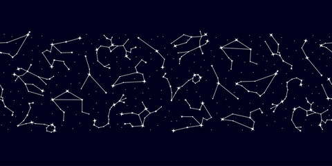 Zodiac constellations, astrology seamless pattern on dark background with copy space. Zodiac constellations of stars repeating print for fabric, packaging, cover, wrapping paper vector illustration © Sunflower
