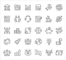 Bank and finance icon set. Business and corporation vector signs. Contain symbol of safe, global market, stake holder, crowd funding, start up, meeting, stock, bull and bear. Thin outline design.