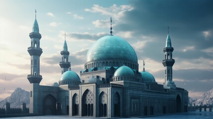 Fototapeta na wymiar illustration of the beautiful shiny mosque and ramadan islamic culture icon and with beautiful sun light, The landmark, generative AI