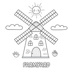 Farmyard black and white print with a mill in cartoon style. Farm background for kids. Vector illustration © juliyas