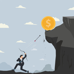 Businessman shooting the coin stuck in stone vector illustration