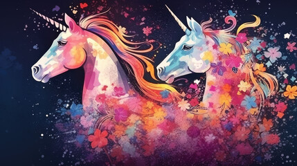 illustration of watercolor unicorn, abstract color background. Digital art.
