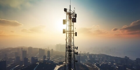 Background image shows a 5G global network technology communication antenna tower for wireless high speed internet. Future proof fastest internet technology is LTE aerial network connection.  - obrazy, fototapety, plakaty