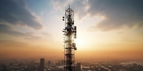 Background image shows a 5G global network technology communication antenna tower for wireless high speed internet. Future proof fastest internet technology is LTE aerial network connection. 
