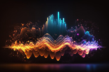 Sound wave, music audio frequencies concept. Abstract background, neon colors. Generative AI - obrazy, fototapety, plakaty