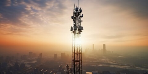 Background image shows a 5G global network technology communication antenna tower for wireless high speed internet. Future proof fastest internet technology is LTE aerial network connection.  - obrazy, fototapety, plakaty