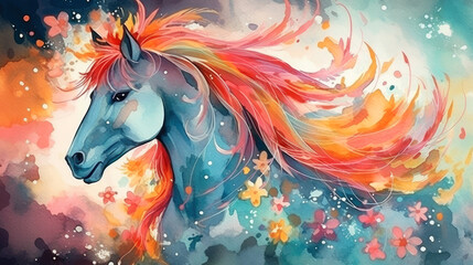 illustration of watercolor horse, abstract color background. Digital art.