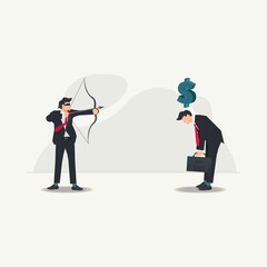 Vector businessman with blindfold aiming to shoot at money symbol on another businessman. Business competition and risk concept illustration