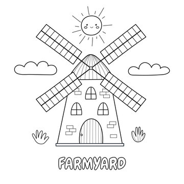 Farmyard black and white print with a mill in cartoon style. Farm background for kids. Vector illustration