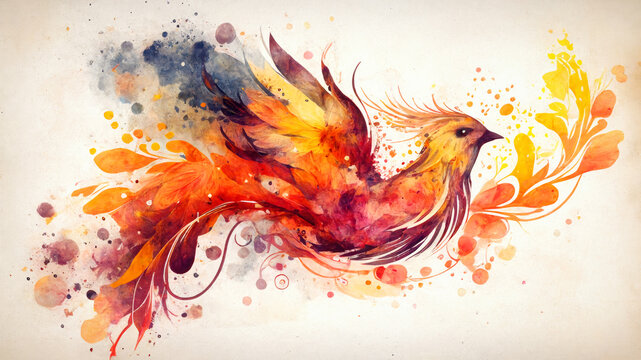 Watercolor bird and flower. generative ai.