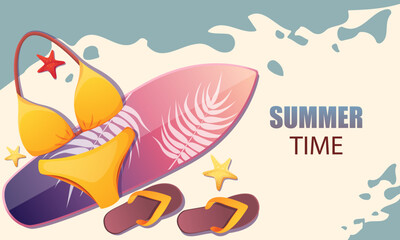 Summer time.Summer background with yellow swimsuit, flip-flops, surfboard. Hello, summer.Vector illustration.