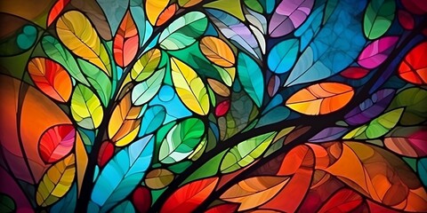 A colorful abstract painting with leaves and dots on it's surface, with a black background and a black border around the edges of the image. AI generative