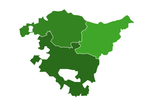 Mapa del País Vasco en verde con las tres provincias vascas, Guipúzcoa, Vizcaya y Álava