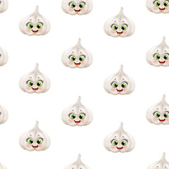 Seamless pattern from cute little cartoon emoji garlic on a white background