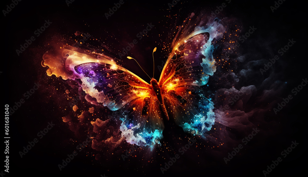 Poster illustration of a color butterfly, abstract color background, generative ai.
